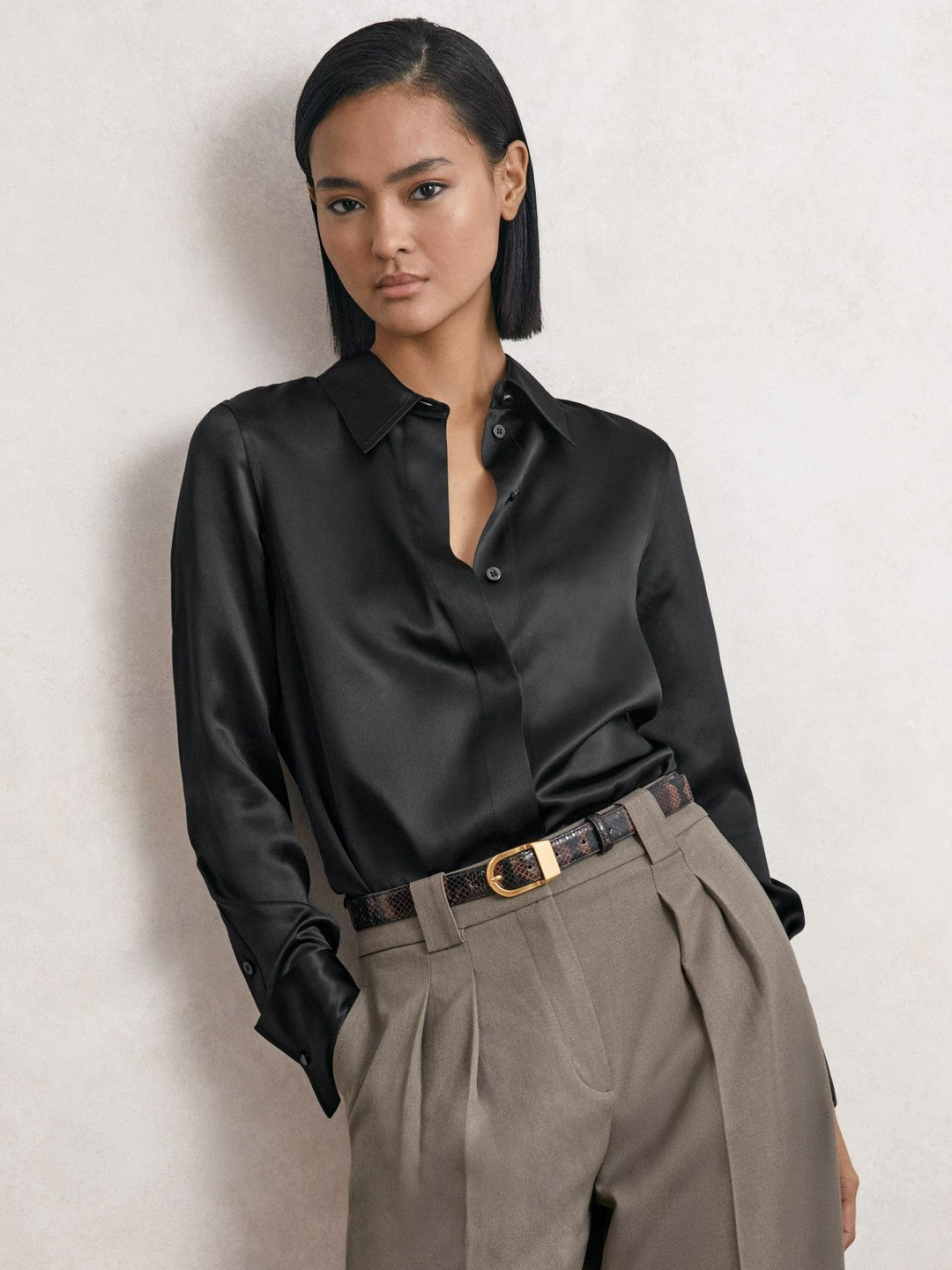 Silk-Satin Concealed-Placket Shirt in Black Women | Reiss