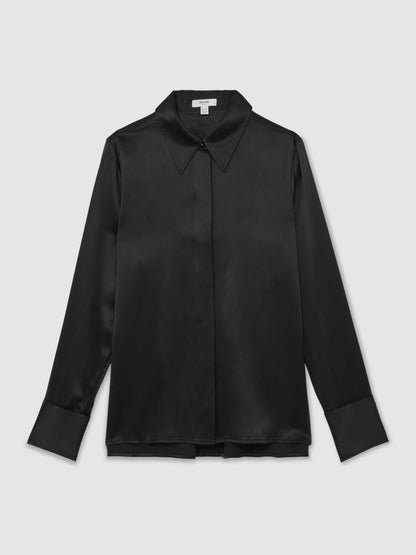 Silk-Satin Concealed-Placket Shirt in Black Women | Reiss