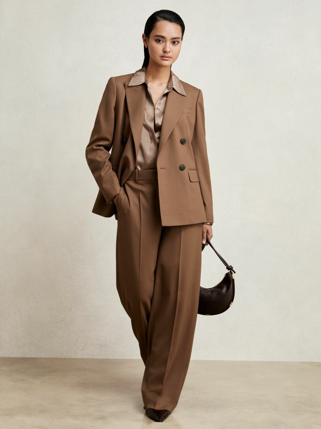 Petite Wool-Blend Wide-Leg Suit Trousers in Tan Women | Reiss
