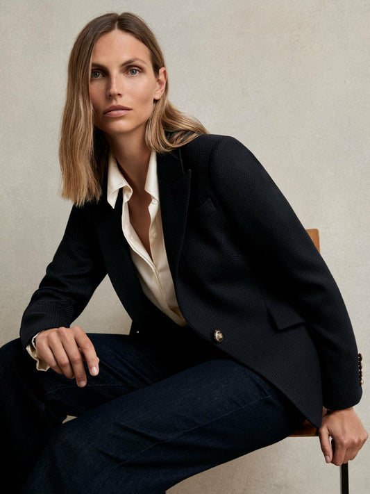 Single-Breasted Textured Blazer Wool-Blend in Navy Women | Reiss