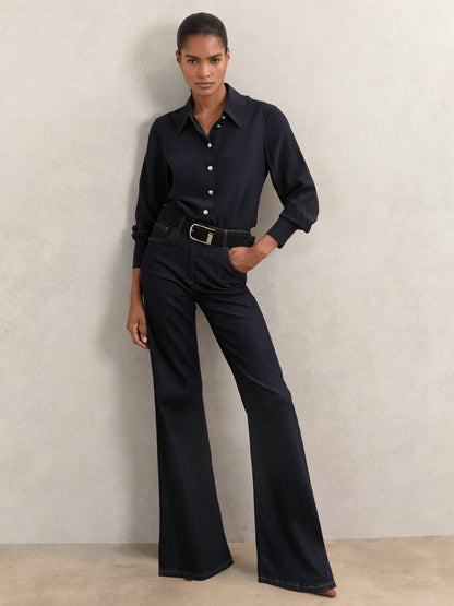 Silk Embossed-Button Shirt in Navy Women | Reiss