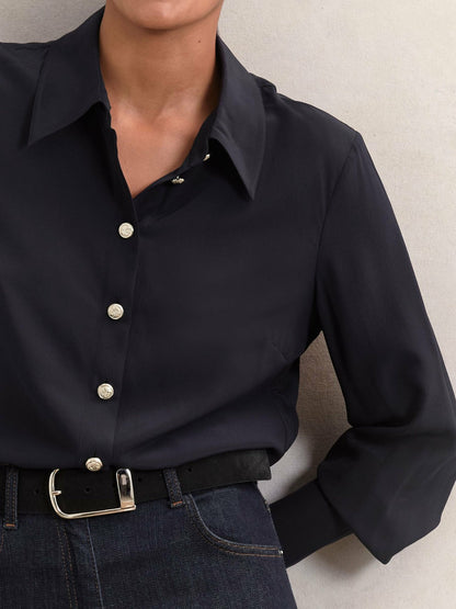 Silk Embossed-Button Shirt in Navy Women | Reiss