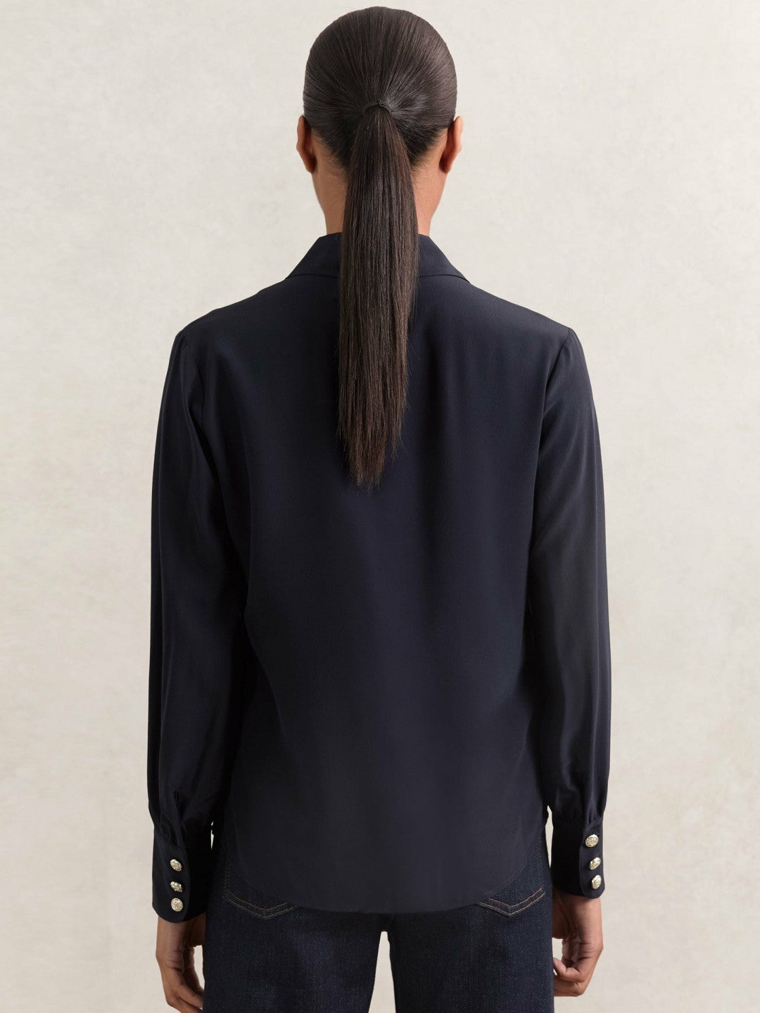 Silk Embossed-Button Shirt in Navy Women | Reiss