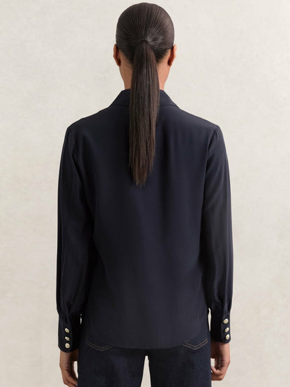 Silk Embossed-Button Shirt in Navy Women | Reiss