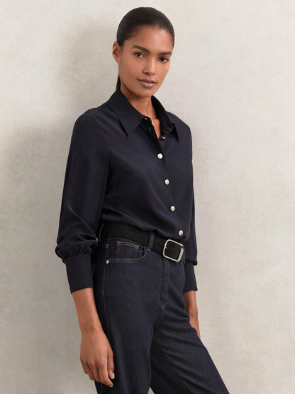 Silk Embossed-Button Shirt in Navy Women | Reiss