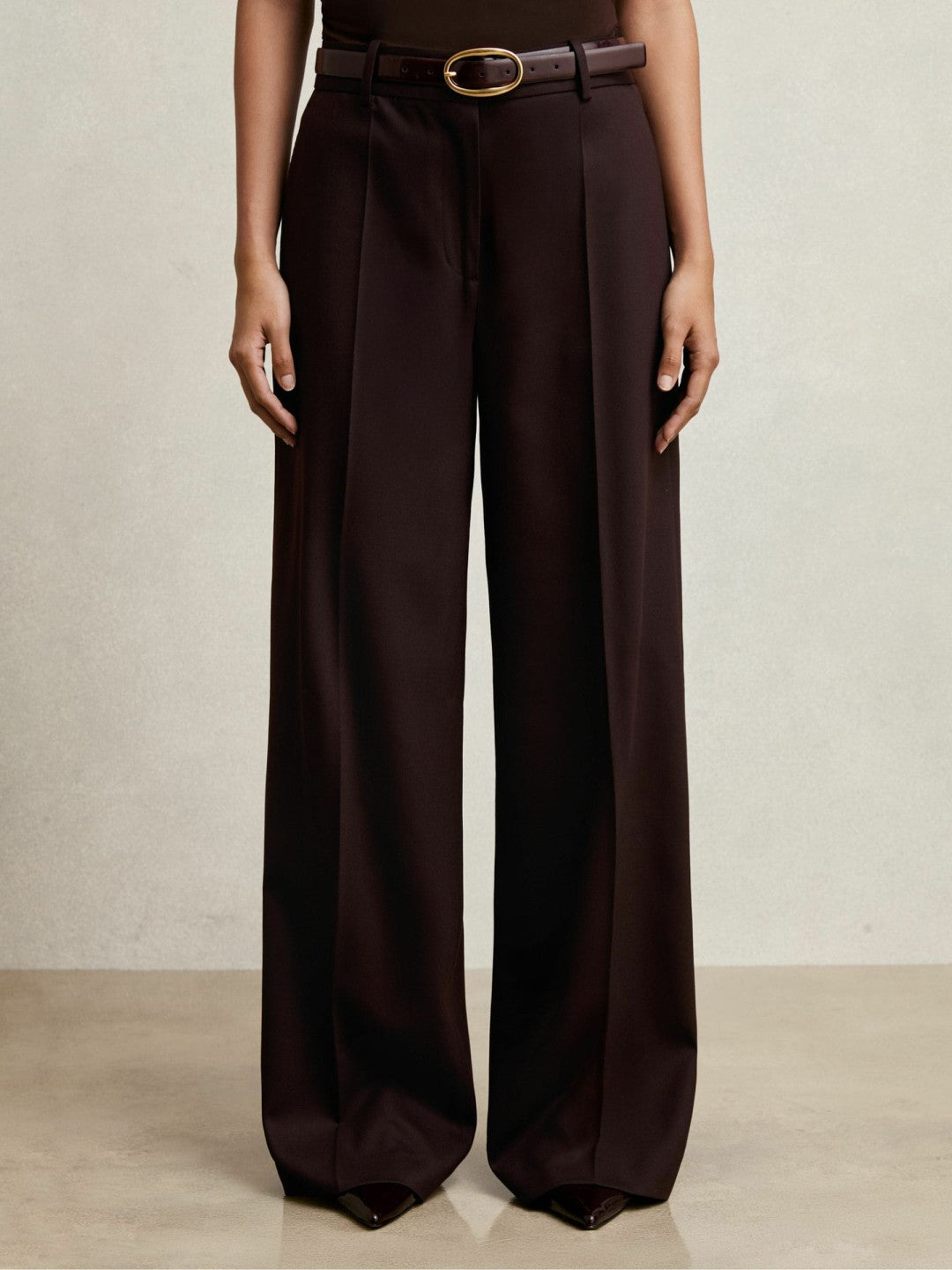 Wool-Blend Wide-Leg Suit Trousers in Aubergine Women | Reiss
