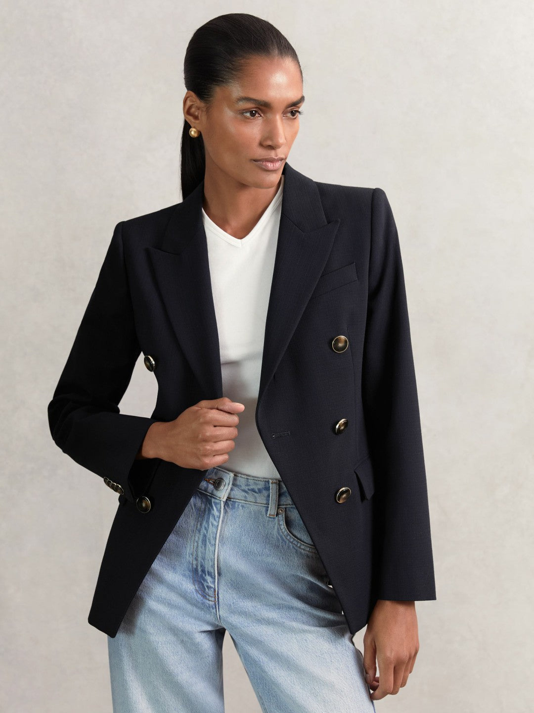 Wool-Blend Double-Breasted Blazer in Navy Women | Reiss