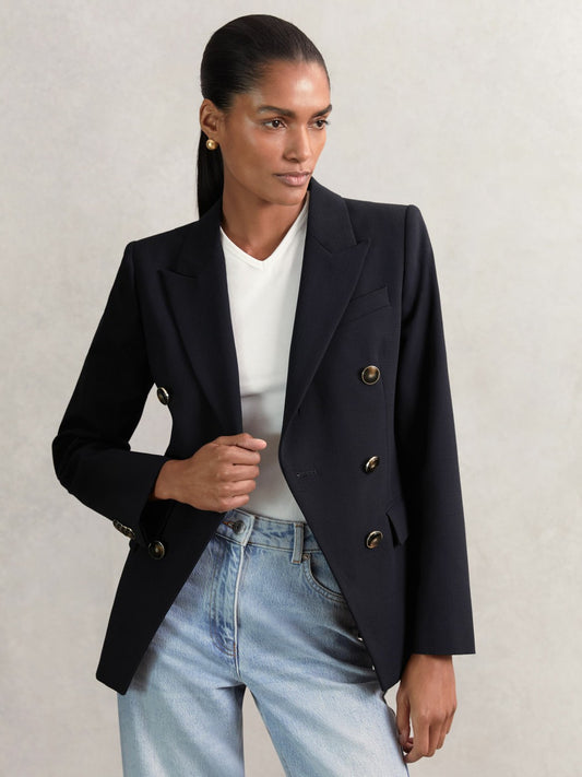 Wool-Blend Double-Breasted Blazer in Navy Women | Reiss