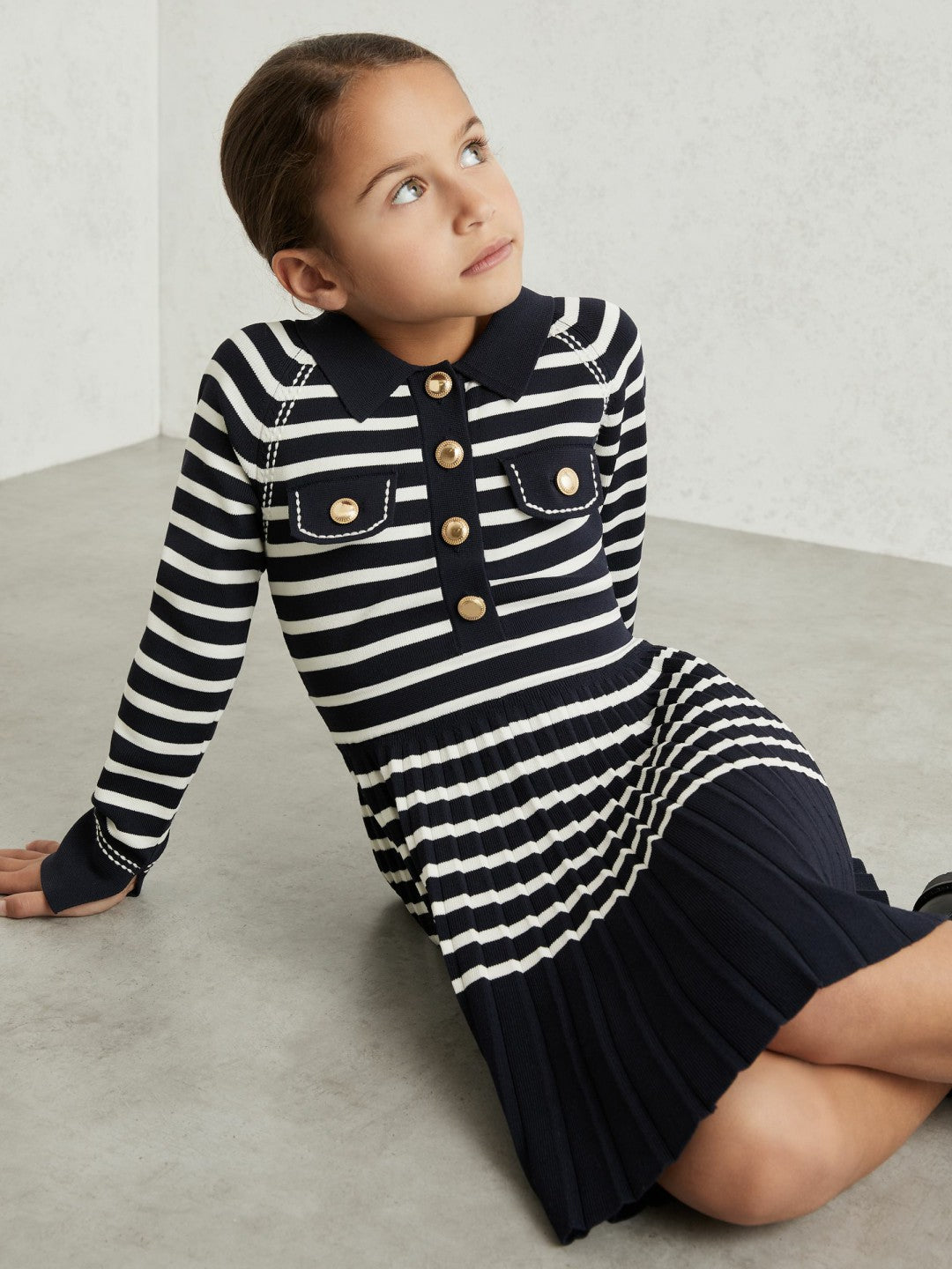 9-13 yrs Button-Detail Stripe Knitted Dress in Navy/White Children & Baby | Reiss