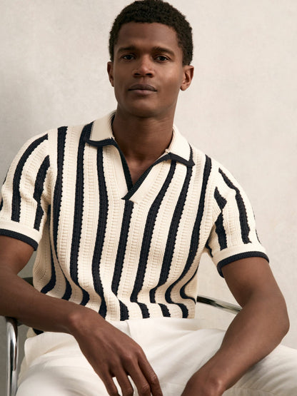Cotton Blend Stripe Knit Polo Shirt in Off White/Navy Men | Reiss