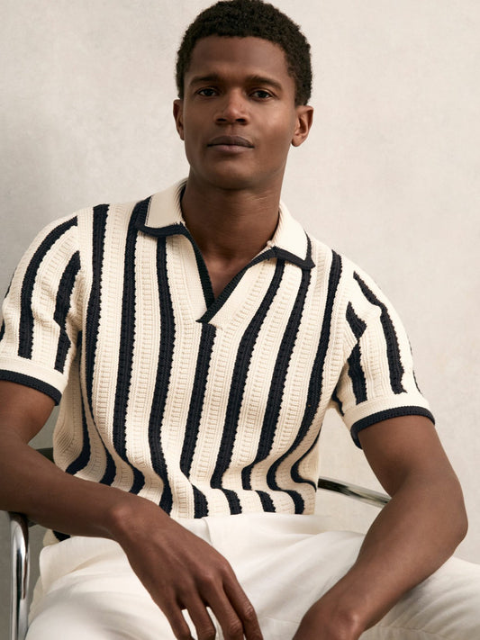 Cotton Blend Stripe Knit Polo Shirt in Off White/Navy Men | Reiss
