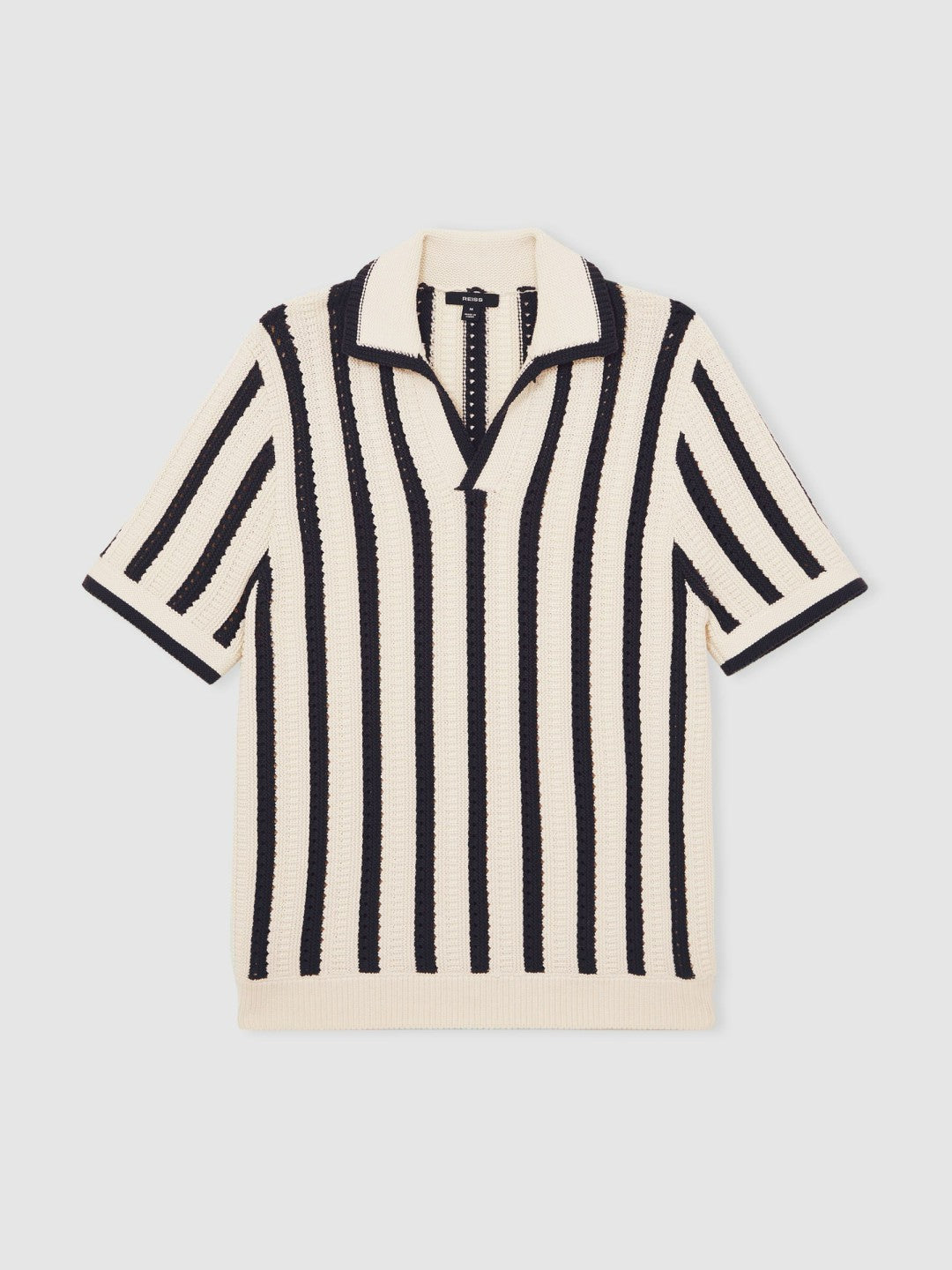 Cotton Blend Stripe Knit Polo Shirt in Off White/Navy Men | Reiss