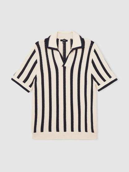 Cotton Blend Stripe Knit Polo Shirt in Off White/Navy Men | Reiss
