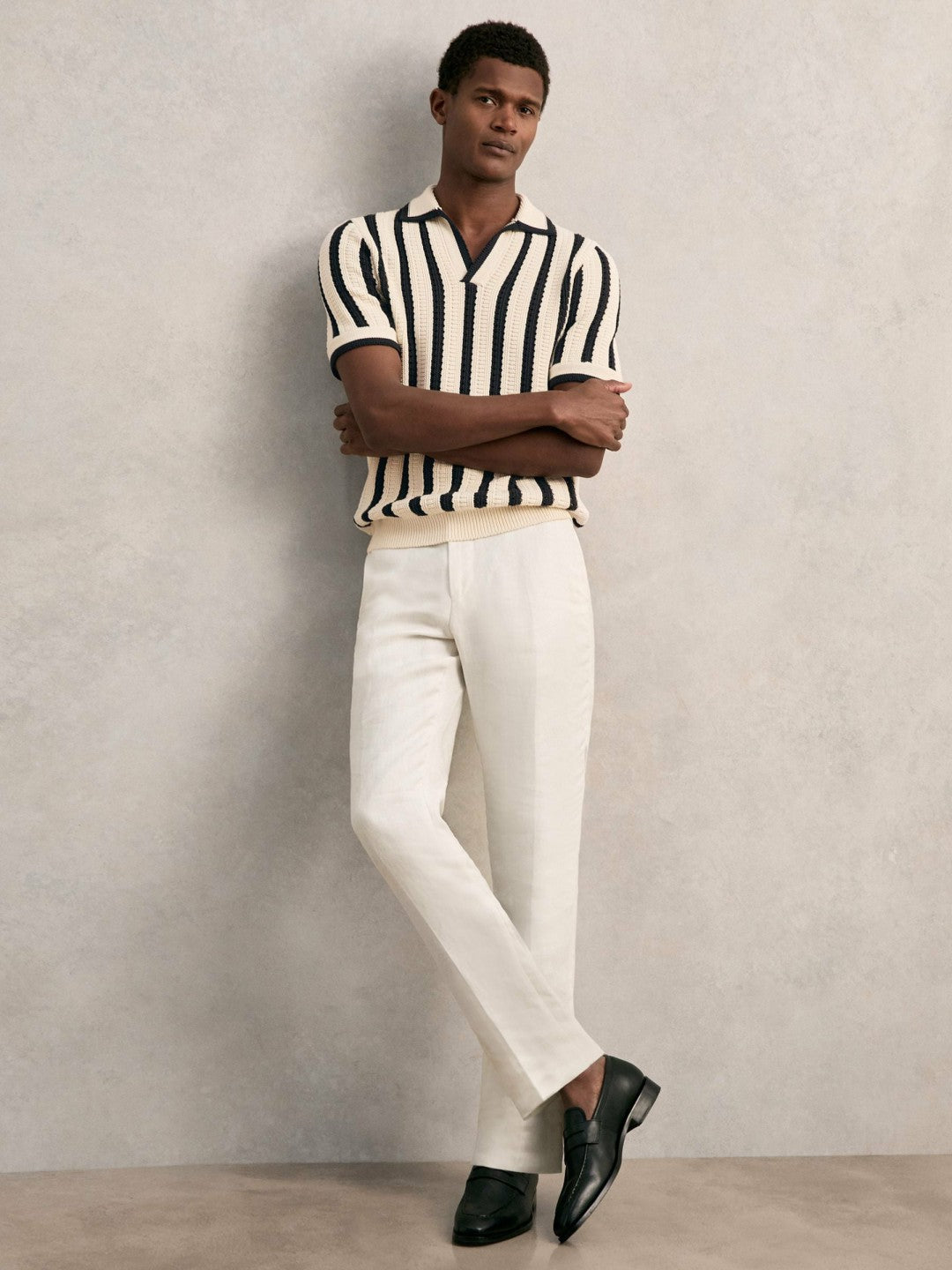 Cotton Blend Stripe Knit Polo Shirt in Off White/Navy Men | Reiss