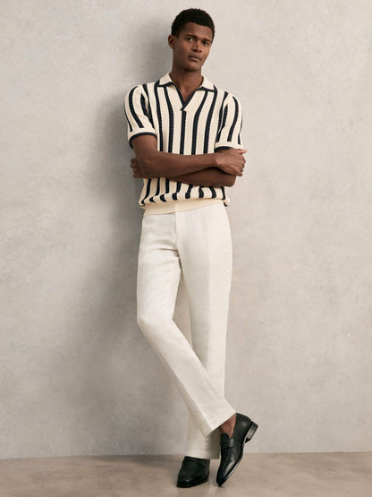 Cotton Blend Stripe Knit Polo Shirt in Off White/Navy Men | Reiss