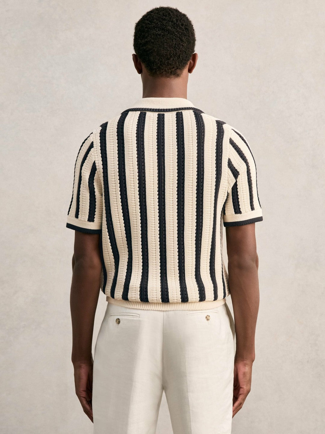 Cotton Blend Stripe Knit Polo Shirt in Off White/Navy Men | Reiss