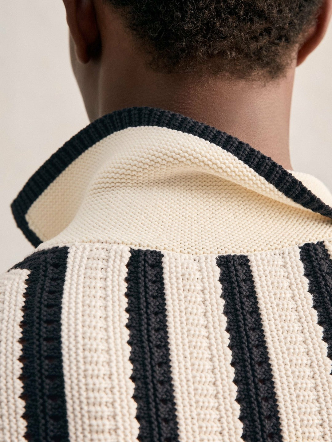 Cotton Blend Stripe Knit Polo Shirt in Off White/Navy Men | Reiss