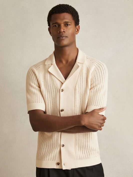 Cotton Textured-Knit Cuban-Collar Shirt in Light Stone Men | Reiss
