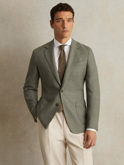 Wool-Blend Single-Breasted Blazer Slim-Fit in Sage Green Men | Reiss
