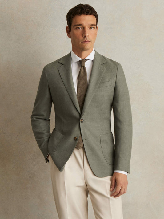 Wool-Blend Single-Breasted Blazer Slim-Fit in Sage Green Men | Reiss