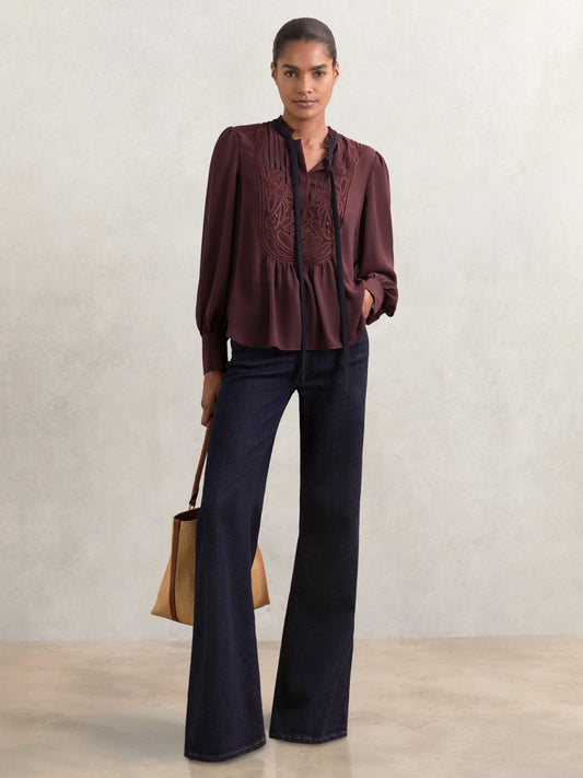 Lace-Embroidered Tie-Neck Shirt in Burgundy Women | Reiss