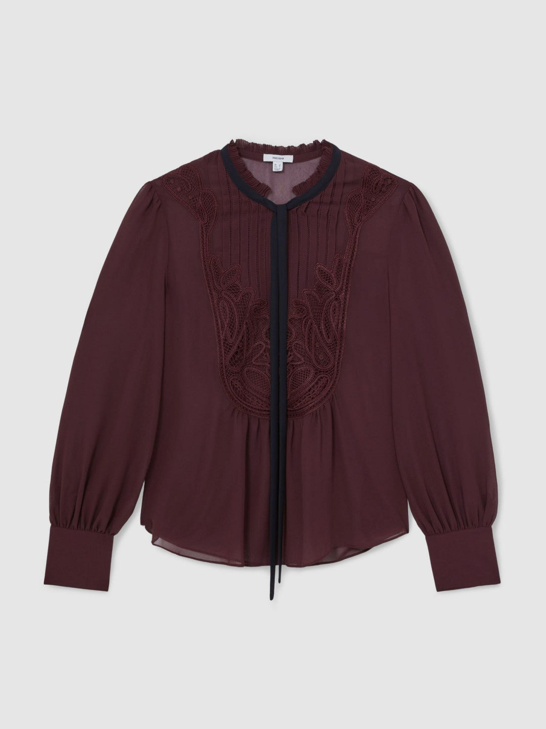 Lace-Embroidered Tie-Neck Shirt in Burgundy Women | Reiss