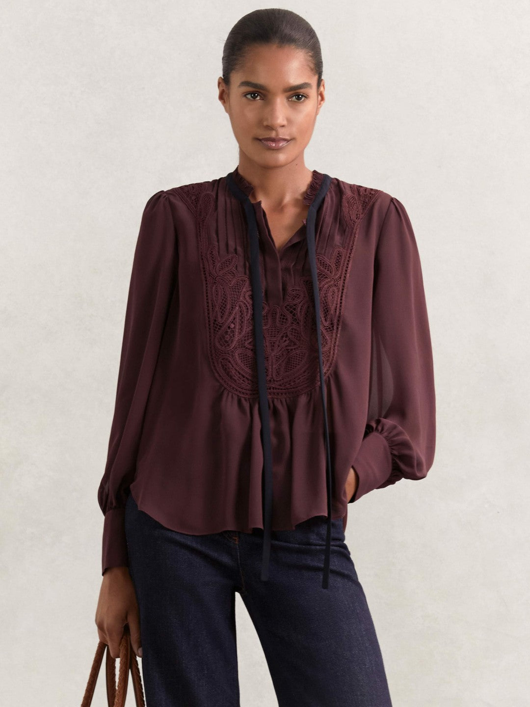 Lace-Embroidered Tie-Neck Shirt in Burgundy Women | Reiss