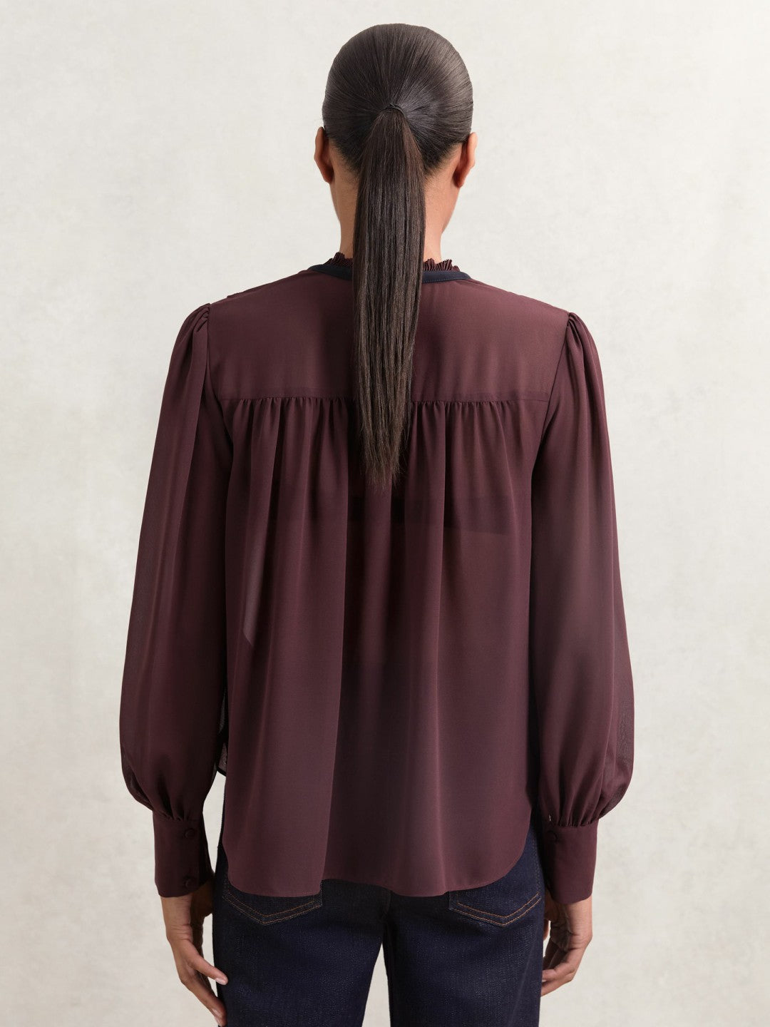 Lace-Embroidered Tie-Neck Shirt in Burgundy Women | Reiss