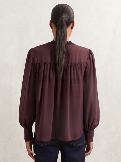 Lace-Embroidered Tie-Neck Shirt in Burgundy Women | Reiss