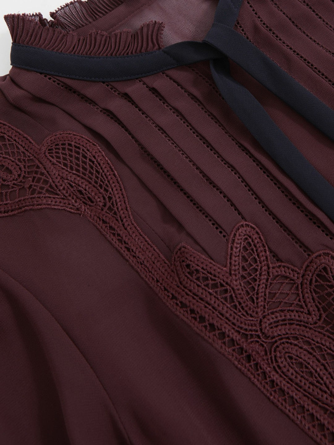 Lace-Embroidered Tie-Neck Shirt in Burgundy Women | Reiss