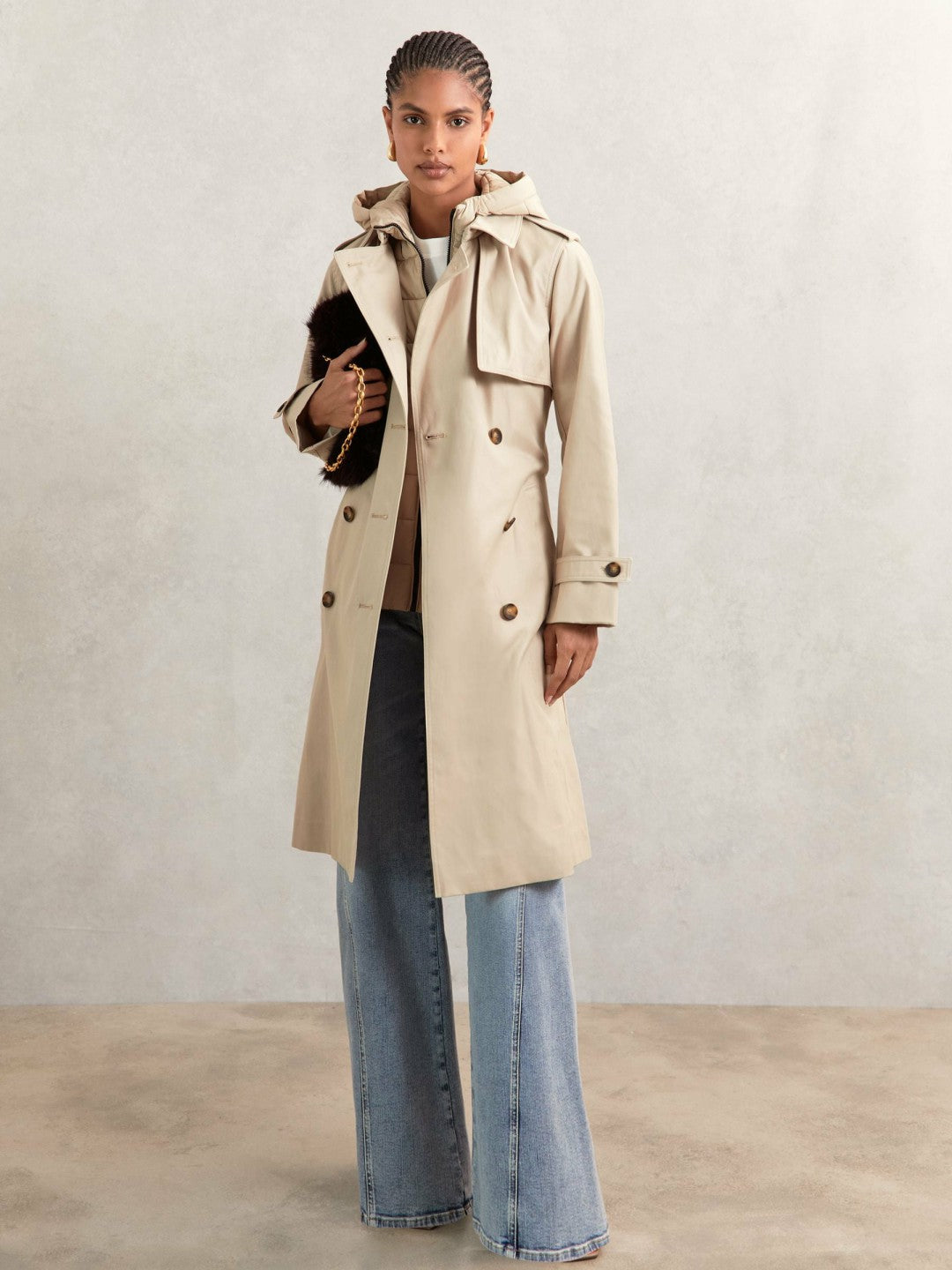 Petite Hooded Insert Trench Coat in Stone Women | Reiss
