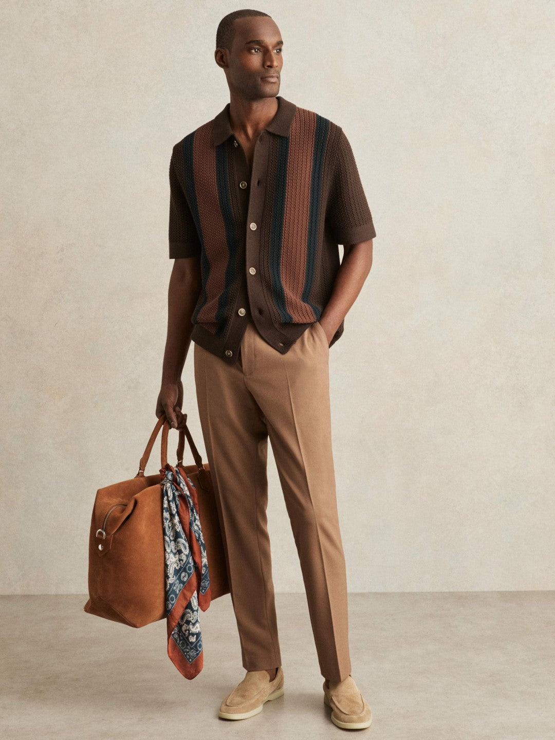Cotton Textured-Knit Stripe Shirt in Brown Multi Men | Reiss