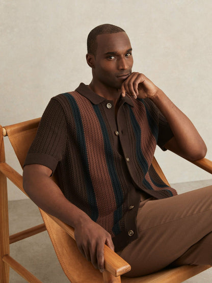 Cotton Textured-Knit Stripe Shirt in Brown Multi Men | Reiss