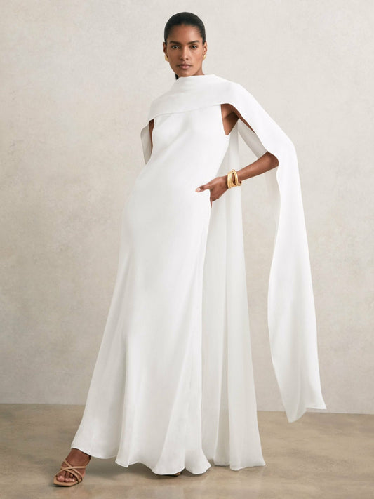 Crepe Cape Maxi Dress in White Women | Reiss