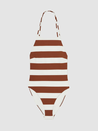 Stripe Cross-Back Swimsuit in Brown/White Women | Reiss