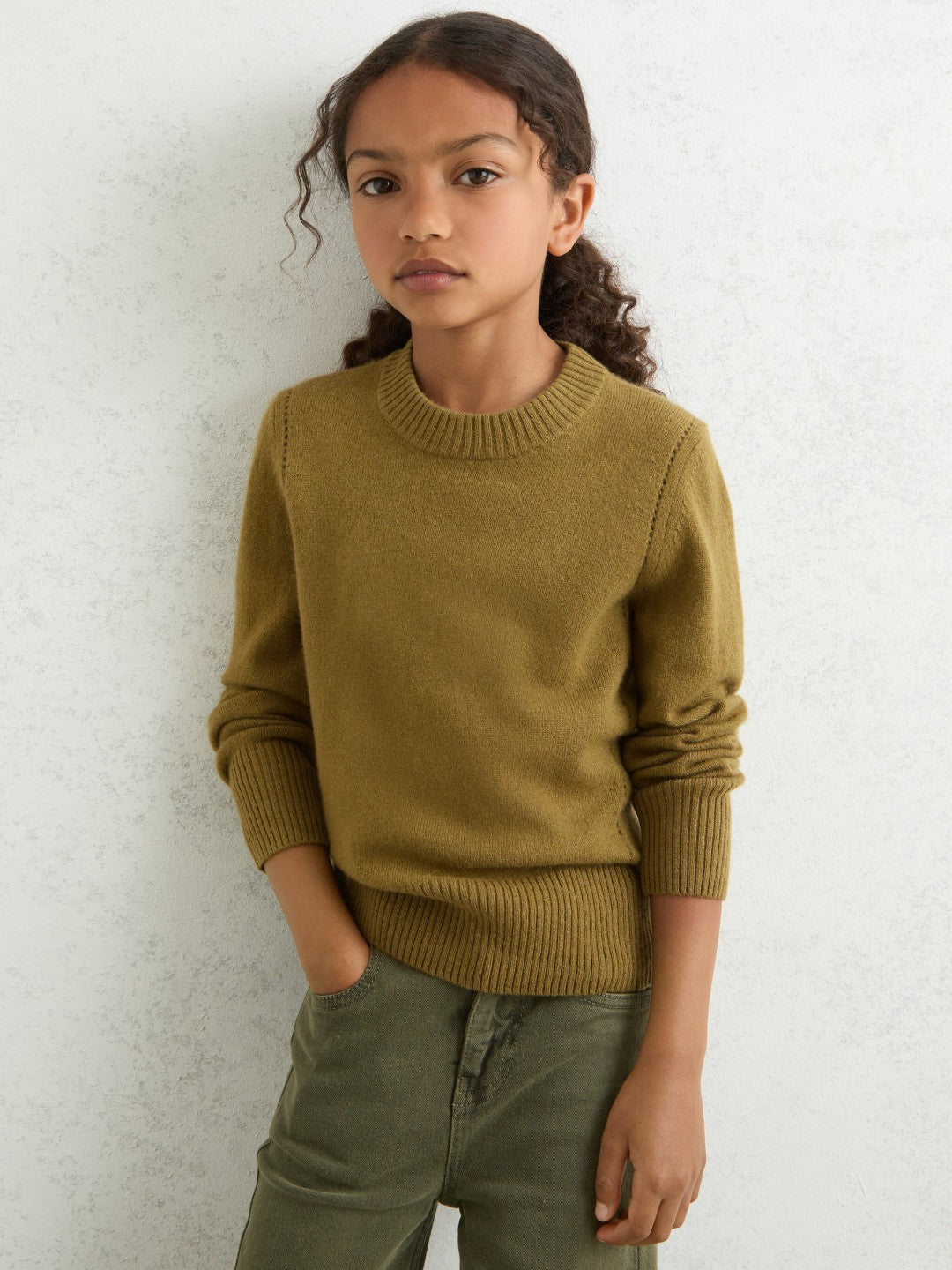 3-9 yrs Wool-Blend Open-Stitch Jumper with Cashmere in Khaki Green Children & Baby | Reiss