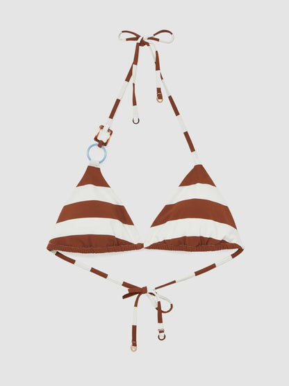 Stripe Halterneck Triangle Bikini Top in Navy/Brown Women | Reiss