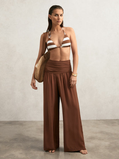 Stripe Halterneck Triangle Bikini Top in Navy/Brown Women | Reiss