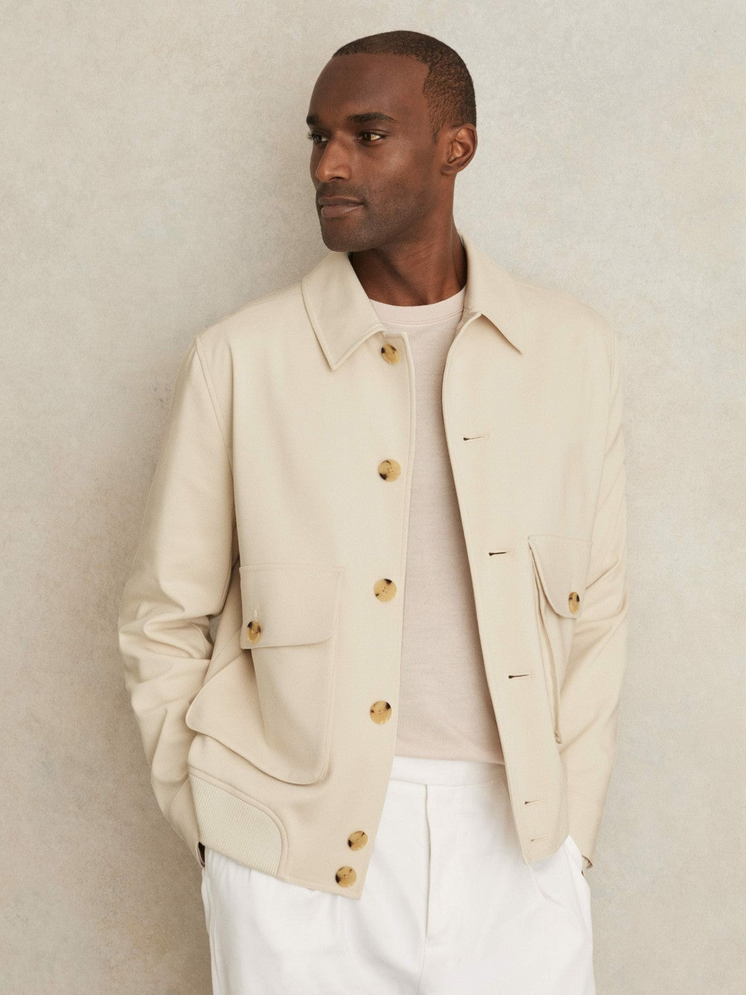 Cotton-Blend Button-Through Jacket in Light Stone Men | Reiss