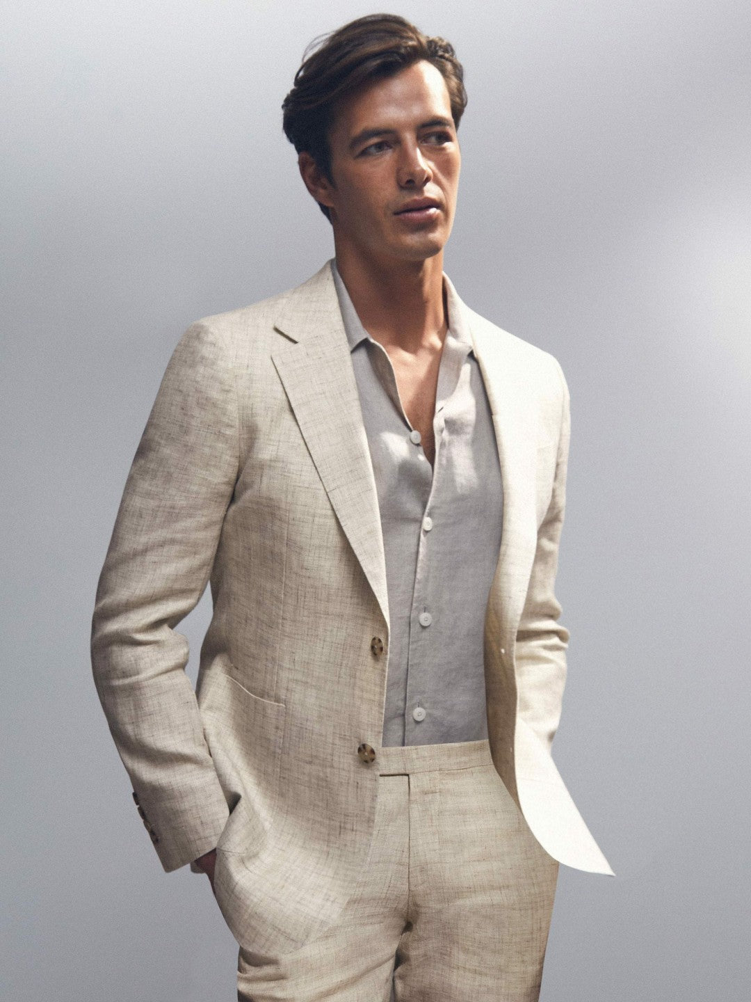 Linen-Cotton Single-Breasted Suit Blazer Slim-Fit in Stone Men | Reiss