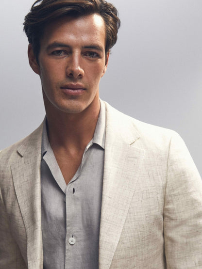Linen-Cotton Single-Breasted Suit Blazer Slim-Fit in Stone Men | Reiss