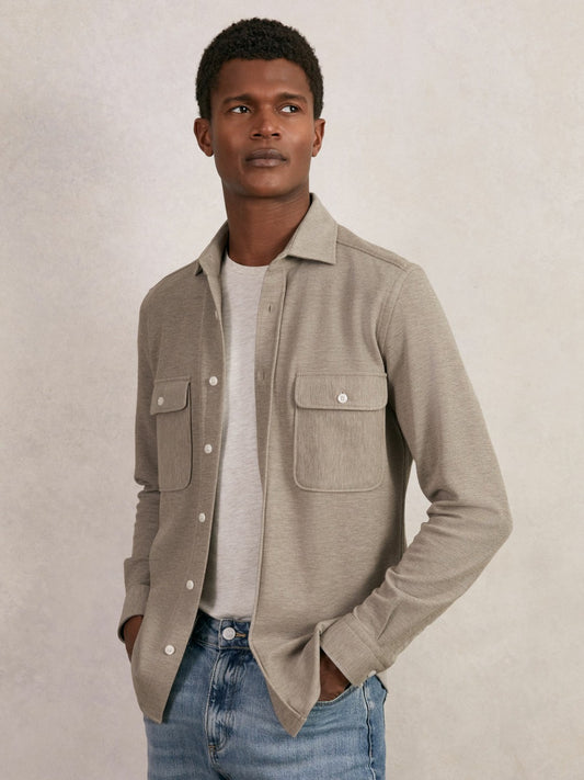 Textured Twin Pocket Cotton Blend Overshirt in Oatmeal Brown Melange Men | Reiss