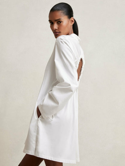 Cotton Gathered Cut-Out Shirt Dress with Stretch in Ivory Women | Reiss