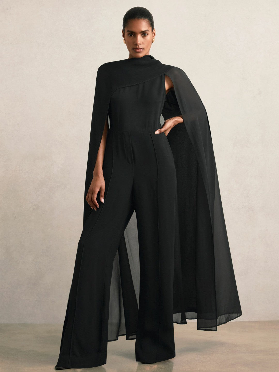 Wide-Leg Cape Jumpsuit in Black Women | Reiss