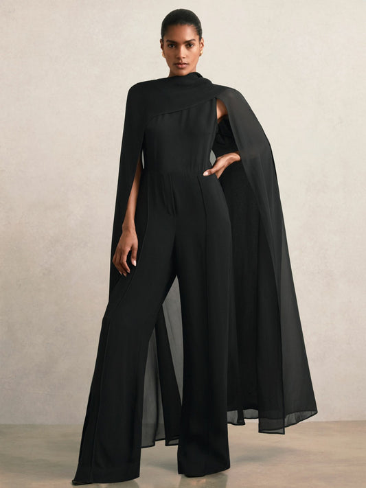 Wide-Leg Cape Jumpsuit in Black Women | Reiss