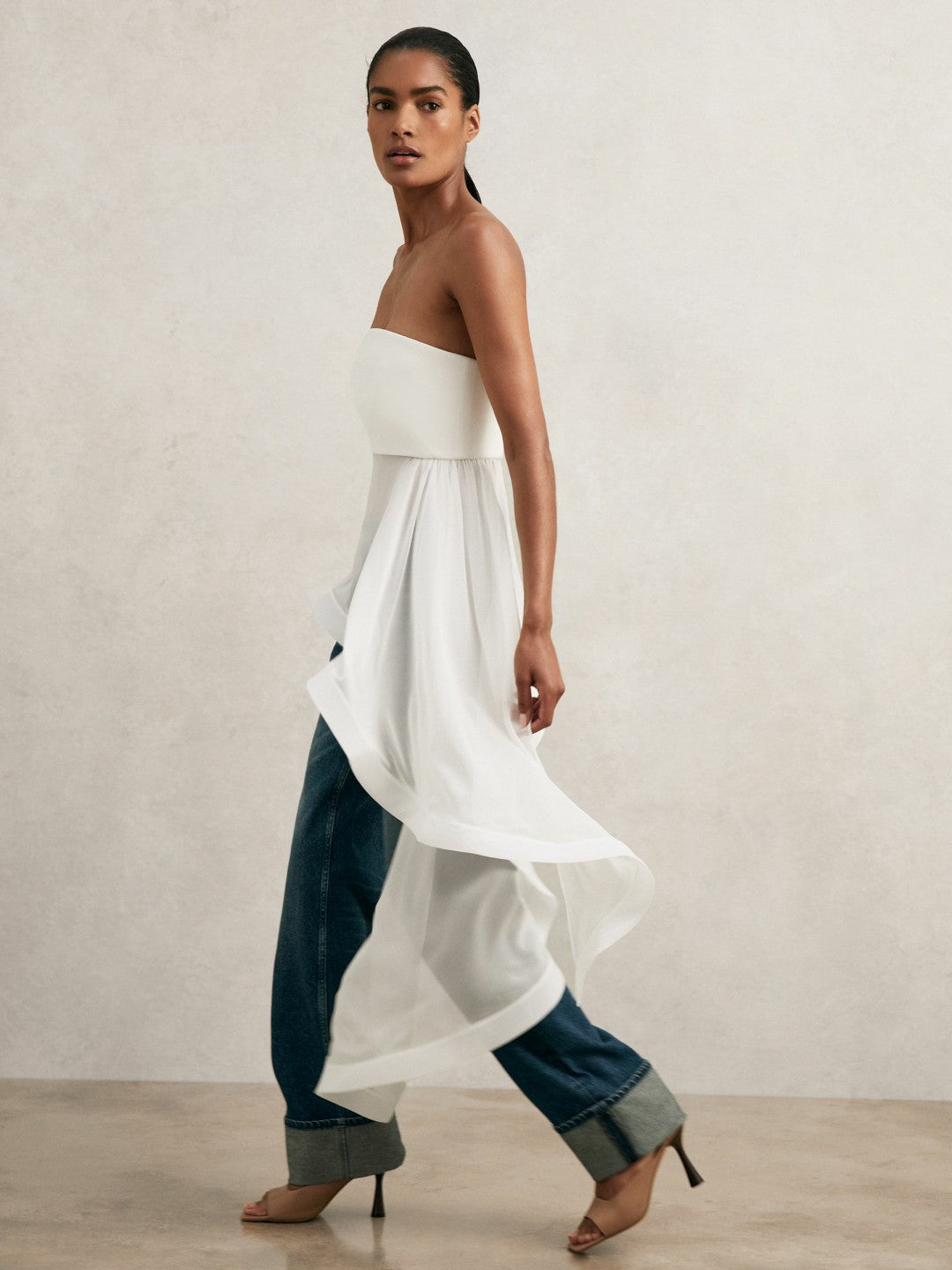 Silk Asymmetric-Ruffle Bandeau Top in Ivory Women | Reiss