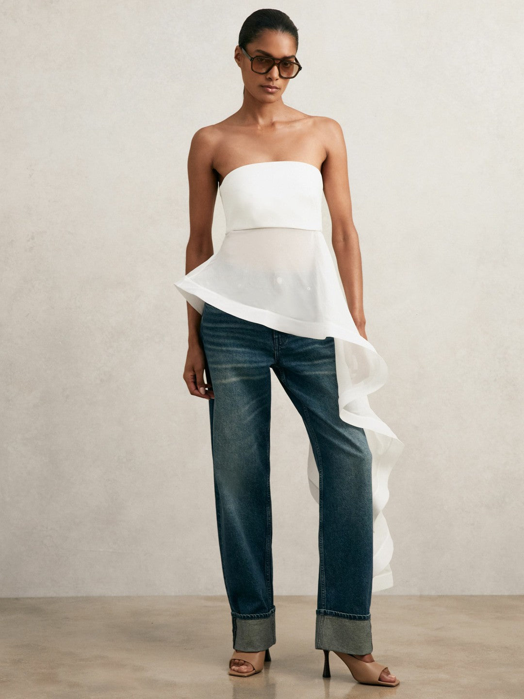 Silk Asymmetric-Ruffle Bandeau Top in Ivory Women | Reiss