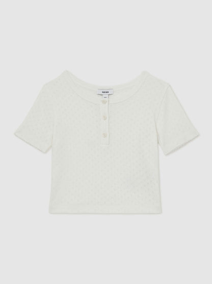9-13 yrs Cotton Pointelle Button T-Shirt in Ivory Children & Baby | Reiss
