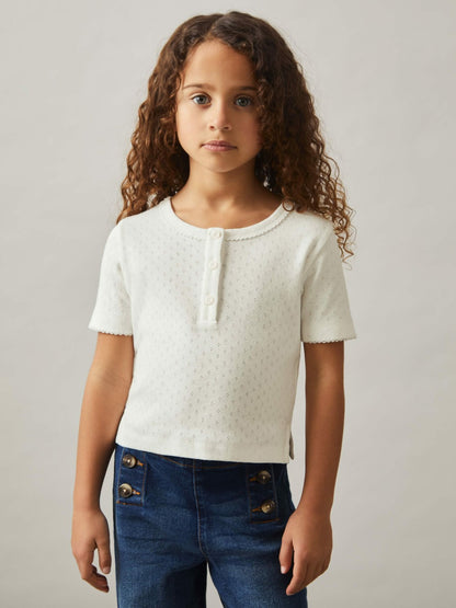 9-13 yrs Cotton Pointelle Button T-Shirt in Ivory Children & Baby | Reiss