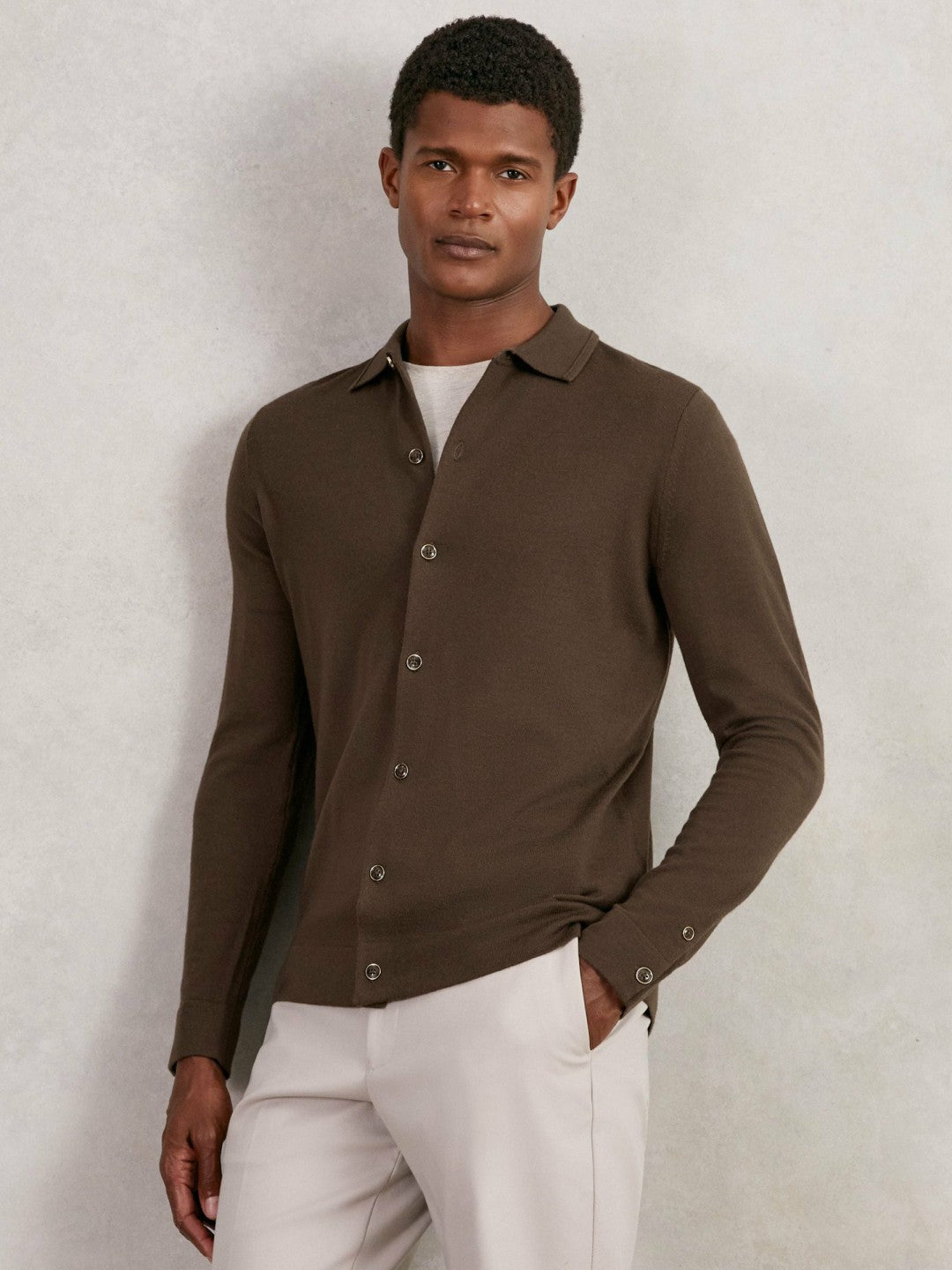 Merino Wool Button-Through Cardigan in Chocolate Brown Men | Reiss